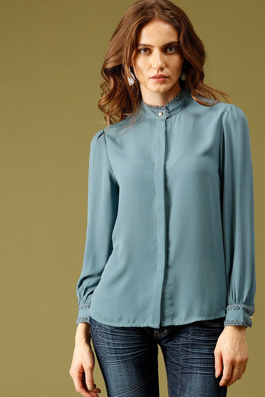 Blue Medium Length Choker Neck Polyester Tunic