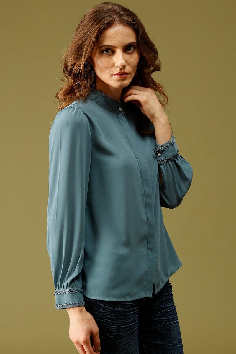 Blue Medium Length Choker Neck Polyester Tunic