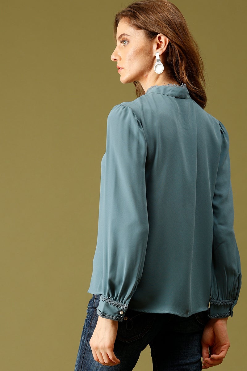Blue Medium Length Choker Neck Polyester Tunic