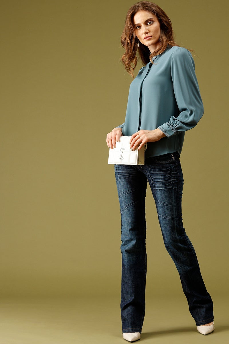 Blue Medium Length Choker Neck Polyester Tunic