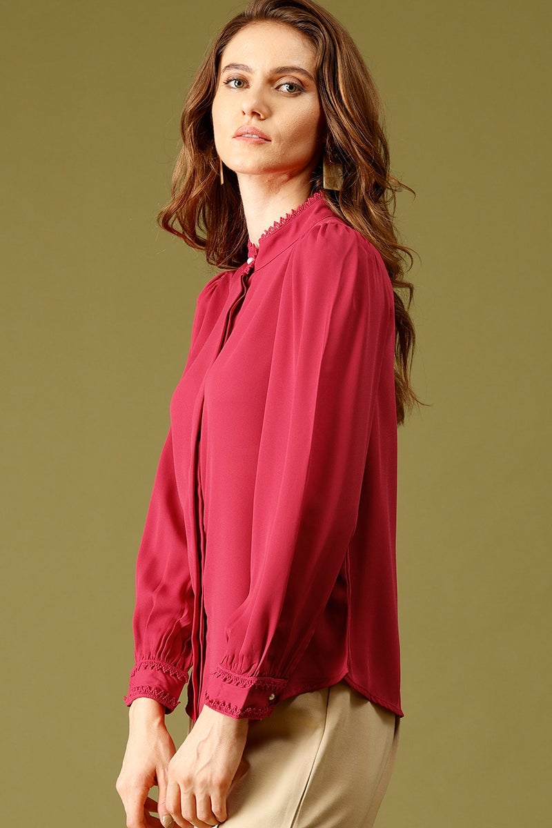 Rasberry Medium Length Choker Neck Polyester Tunic