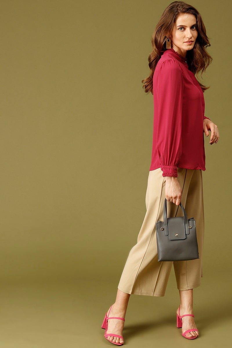 Rasberry Medium Length Choker Neck Polyester Tunic