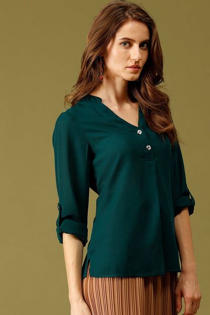 Bottle Green Medium Length V-Neck Ployester Tunic