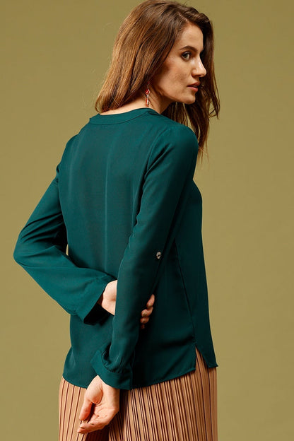 Bottle Green Medium Length V-Neck Ployester Tunic