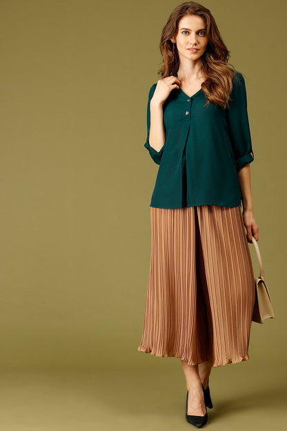 Bottle Green Medium Length V-Neck Ployester Tunic