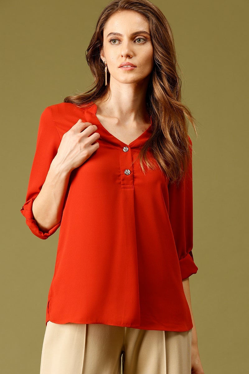 Rust Medium Length V-Neck Polyester Tunic