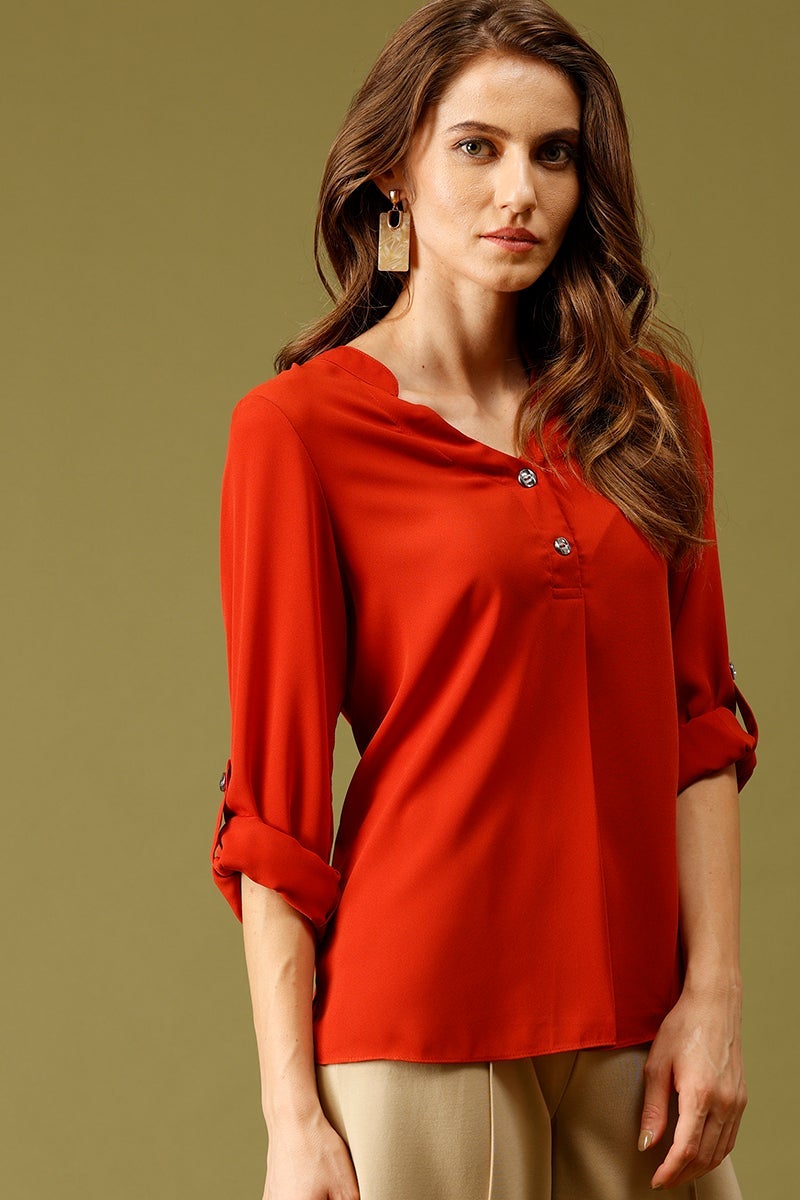 Rust Medium Length V-Neck Polyester Tunic