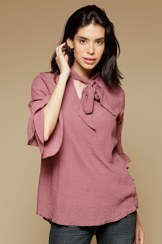 Aubergine Medium Length Tie-Up Neck 3/4th sleeves Chiffon Tunic