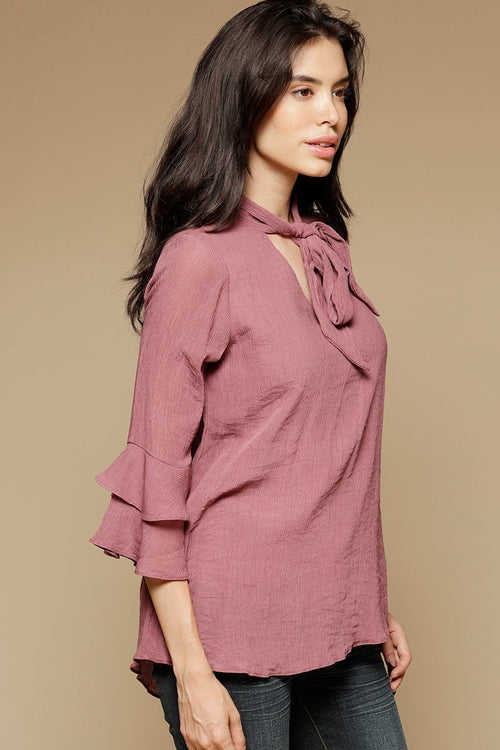 Aubergine Medium Length Tie-Up Neck 3/4th sleeves Chiffon Tunic