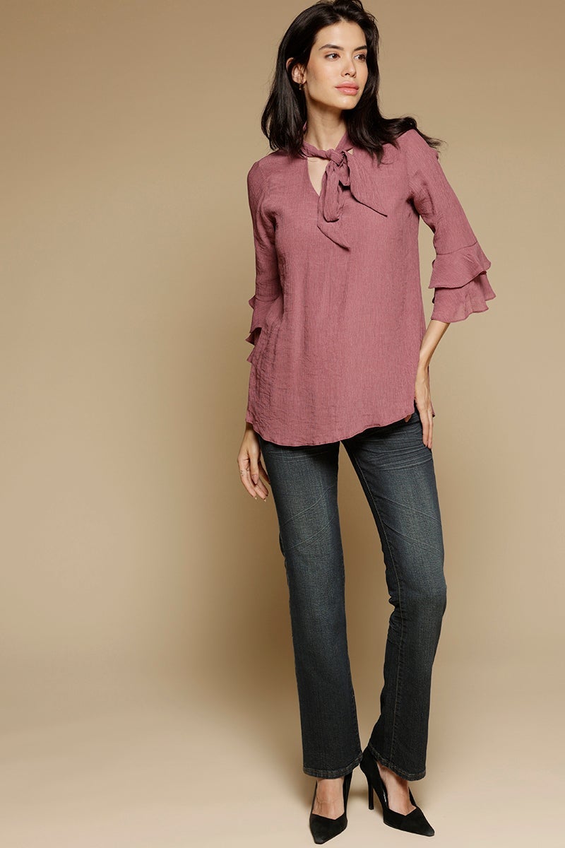 Aubergine Medium Length Tie-Up Neck 3/4th sleeves Chiffon Tunic