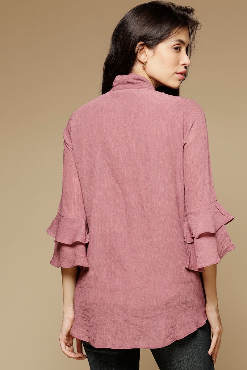 Aubergine Medium Length Tie-Up Neck 3/4th sleeves Chiffon Tunic