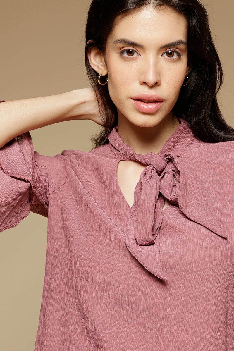 Aubergine Medium Length Tie-Up Neck 3/4th sleeves Chiffon Tunic