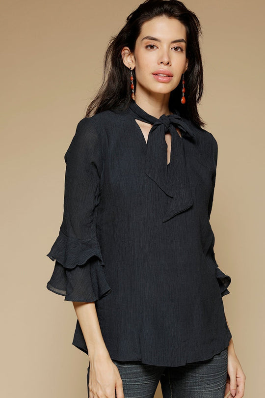 Navy Blue Medium Length Tie-Up Neck 3/4th sleeves Chiffon Tunic