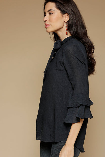 Navy Blue Medium Length Tie-Up Neck 3/4th sleeves Chiffon Tunic