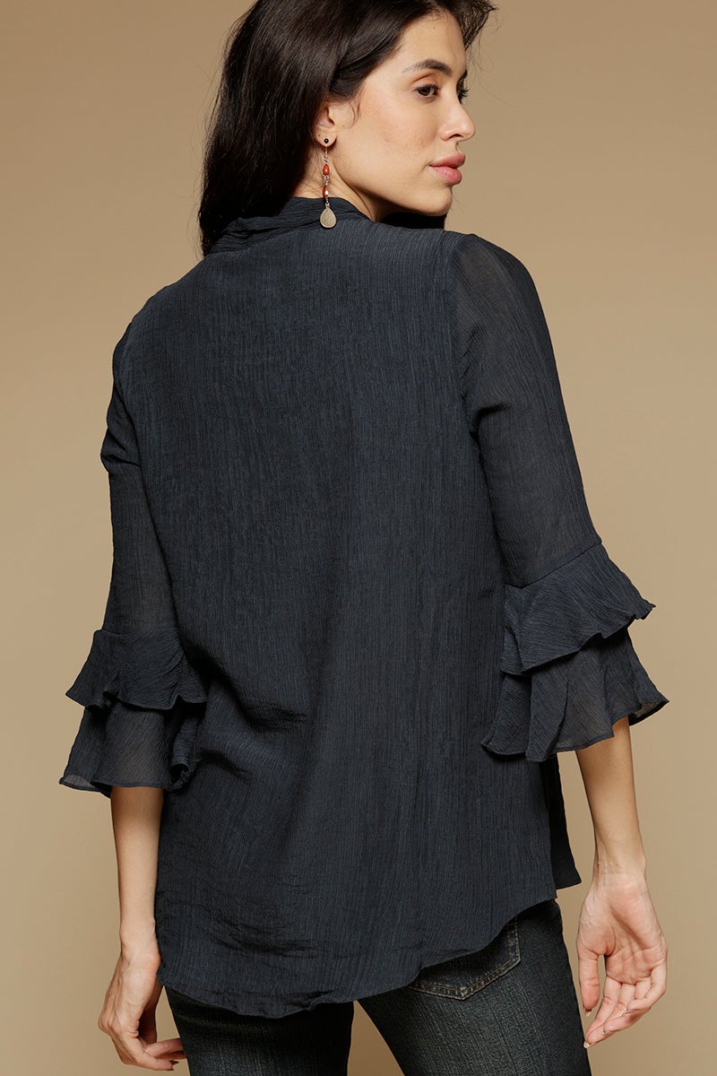 Navy Blue Medium Length Tie-Up Neck 3/4th sleeves Chiffon Tunic