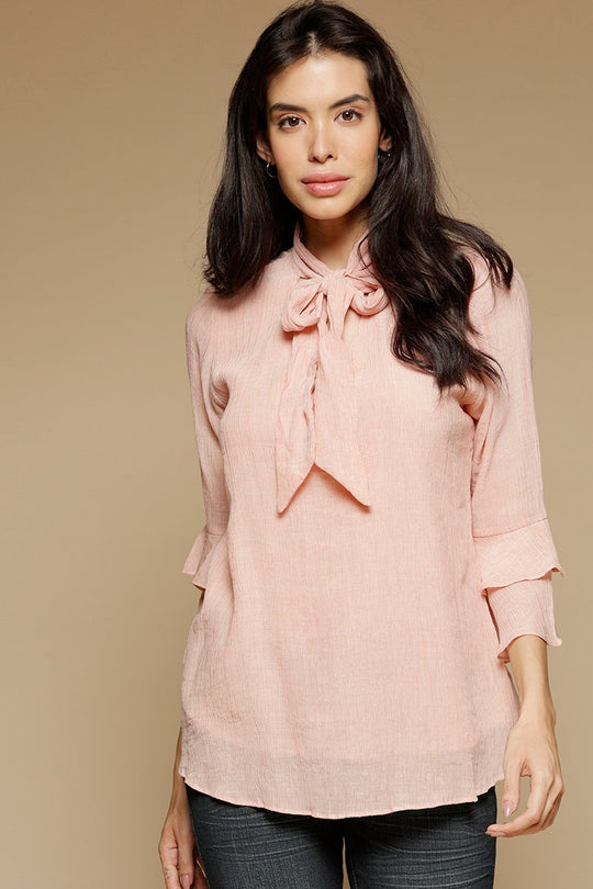 Pink Medium Length Tie-Up Neck 3/4th sleeves Chiffon Tunic