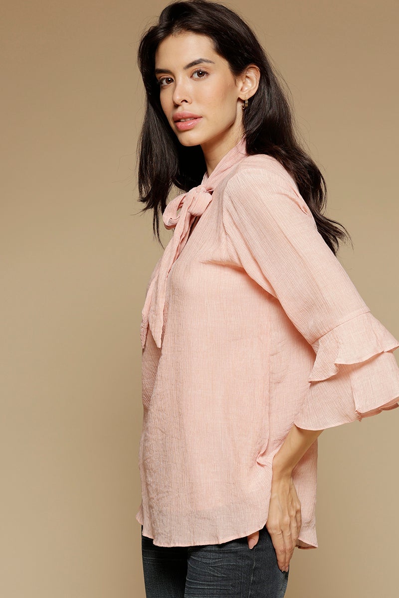 Pink Medium Length Tie-Up Neck 3/4th sleeves Chiffon Tunic