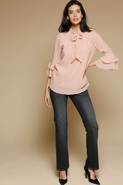 Pink Medium Length Tie-Up Neck 3/4th sleeves Chiffon Tunic