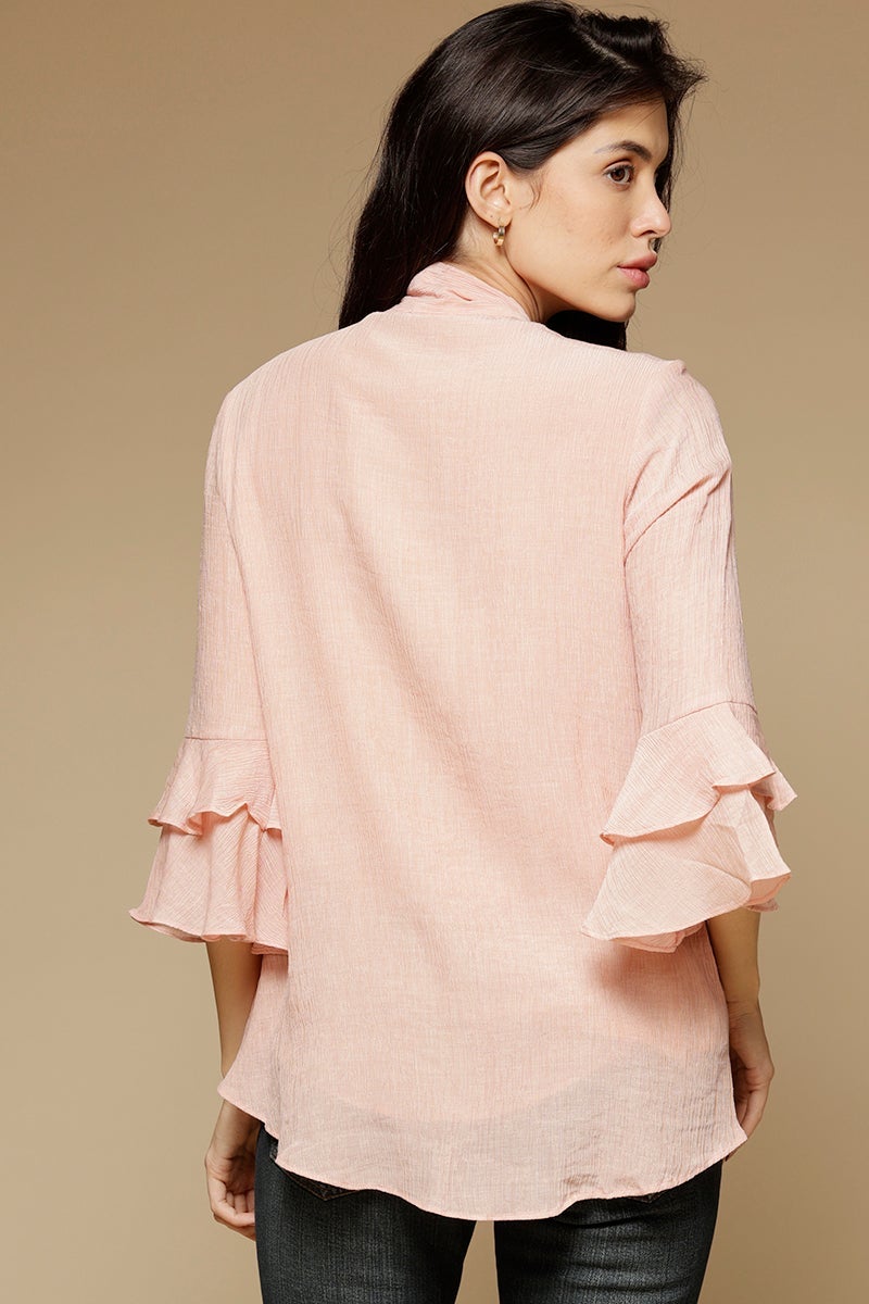 Pink Medium Length Tie-Up Neck 3/4th sleeves Chiffon Tunic