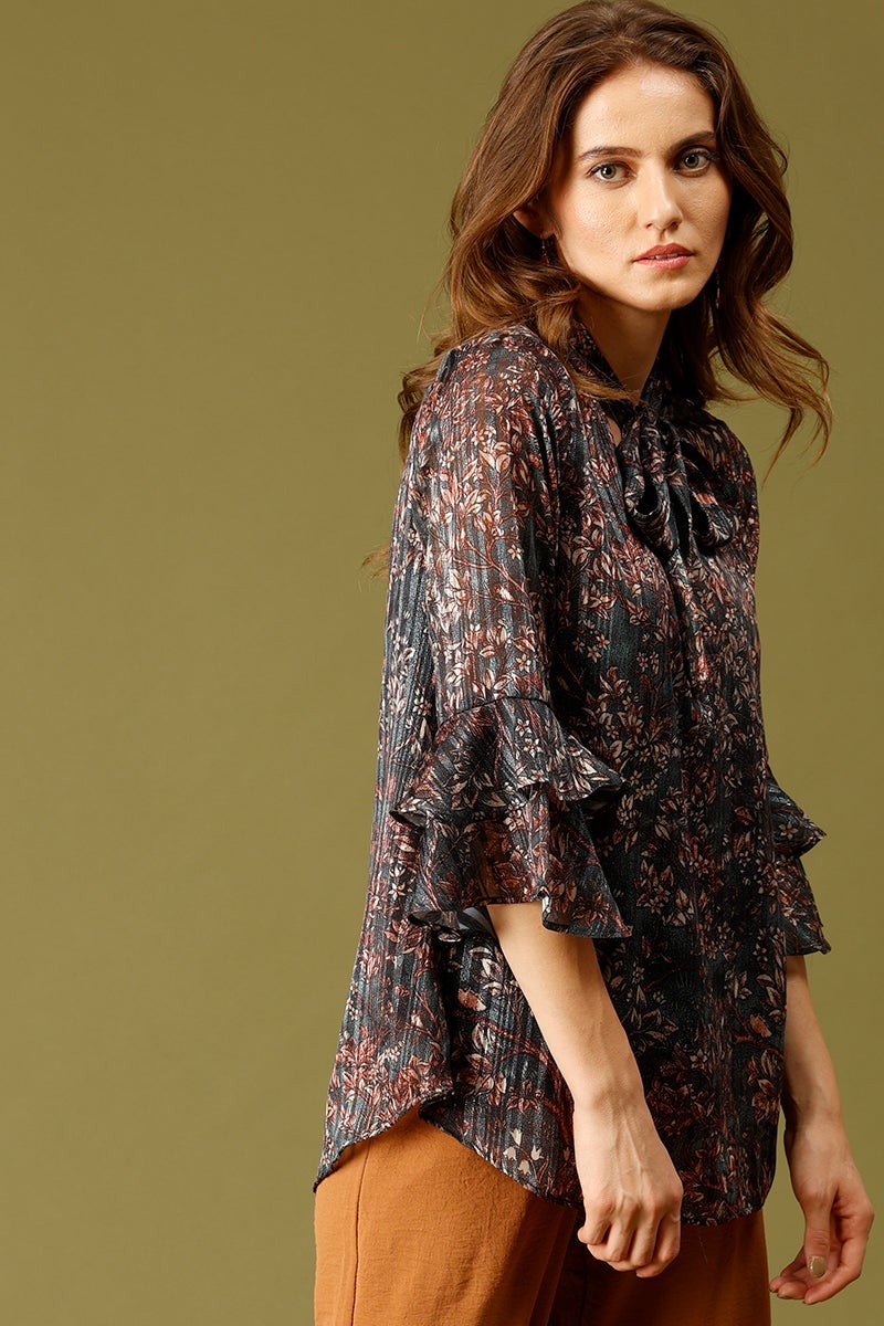 Bottle Green Medium Length Tie-Up Neck 3/4th Sleeves Floral Print Synthetics Tunic