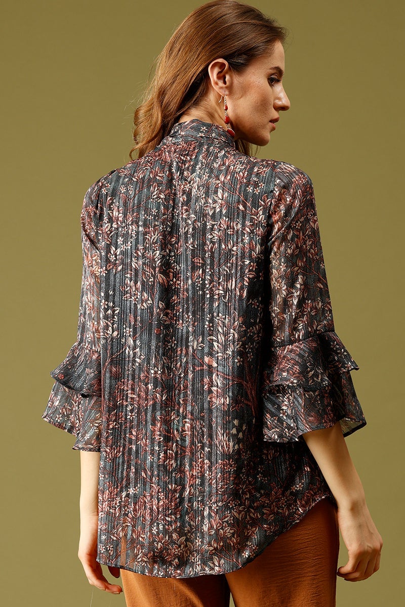 Bottle Green Medium Length Tie-Up Neck 3/4th Sleeves Floral Print Synthetics Tunic