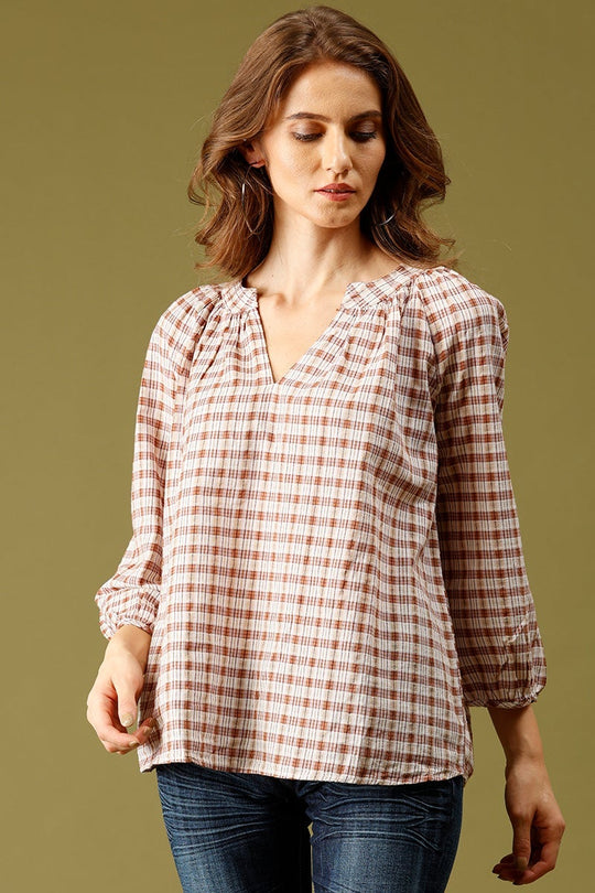 Beige Medium Length V-Neck Long Sleeves Checked Cotton Tunic