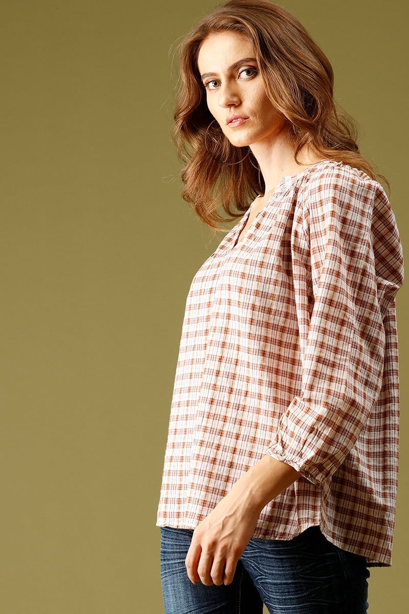 Beige Medium Length V-Neck Long Sleeves Checked Cotton Tunic