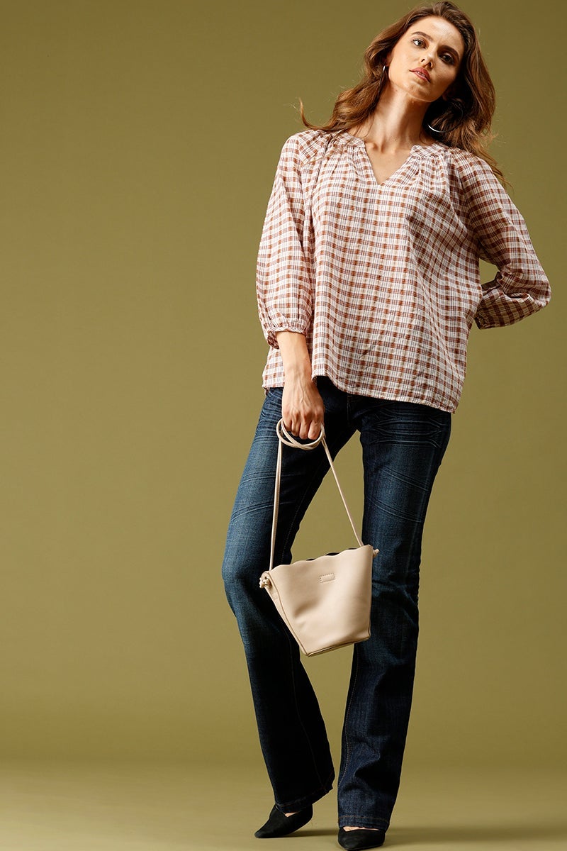 Beige Medium Length V-Neck Long Sleeves Checked Cotton Tunic
