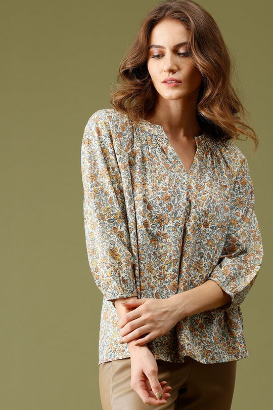 Beige Medium Length V-Neck 3/4th Sleeves Floral Print Tunic