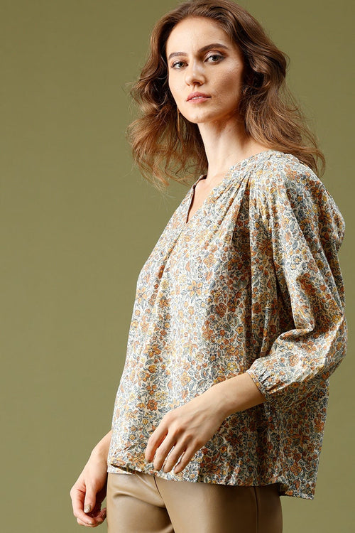 Beige Medium Length V-Neck 3/4th Sleeves Floral Print Tunic