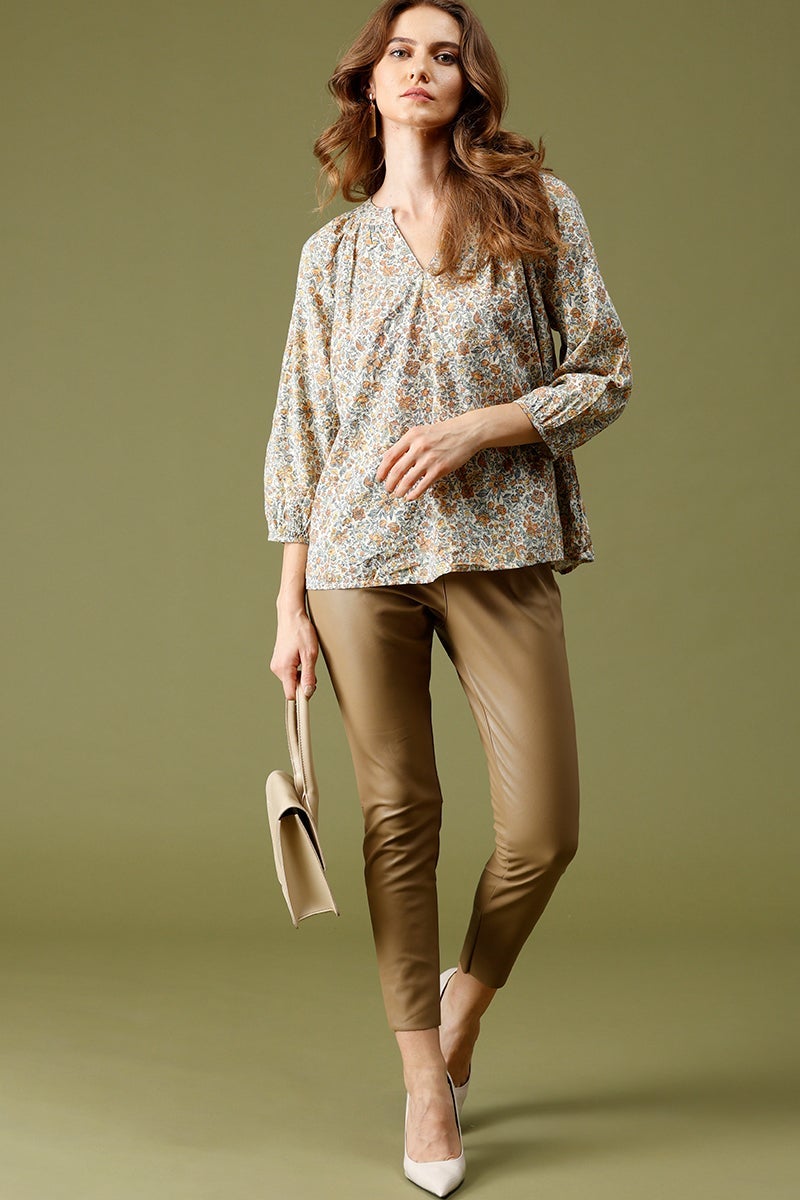 Beige Medium Length V-Neck 3/4th Sleeves Floral Print Tunic