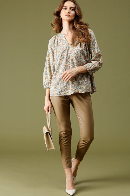 Beige Medium Length V-Neck 3/4th Sleeves Floral Print Tunic
