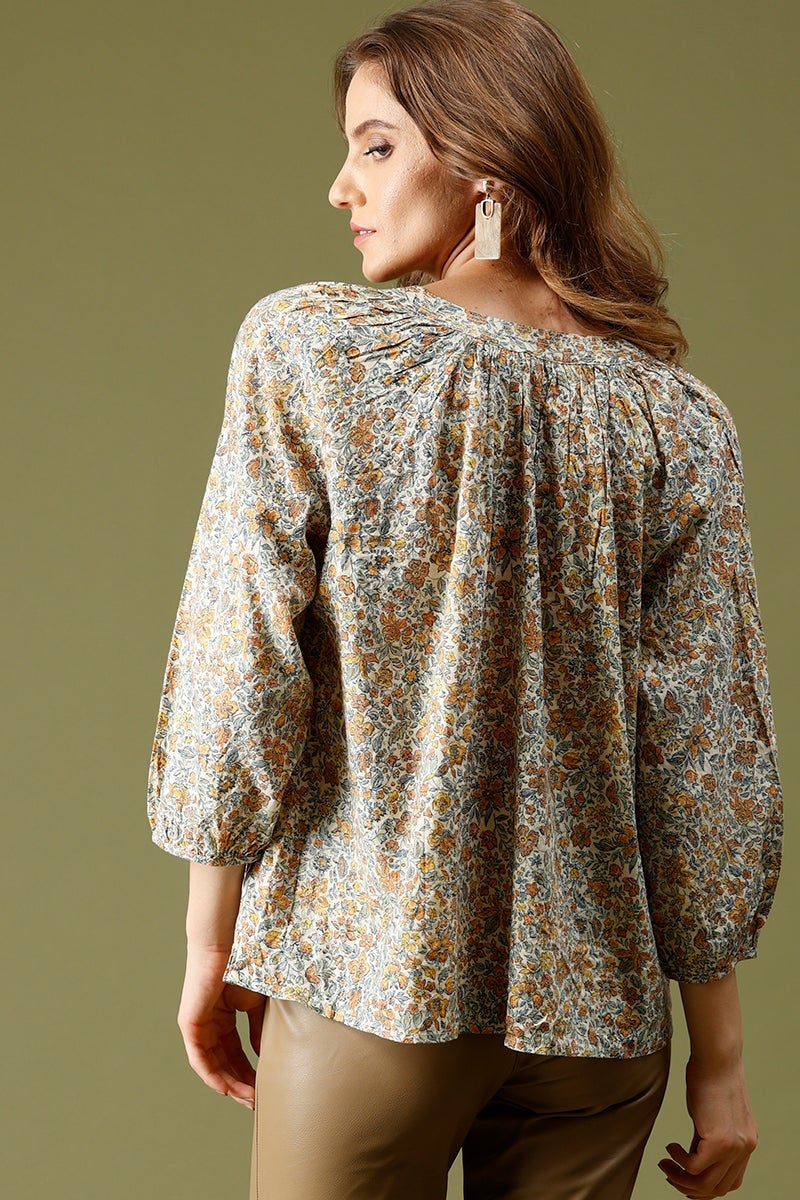 Beige Medium Length V-Neck 3/4th Sleeves Floral Print Tunic