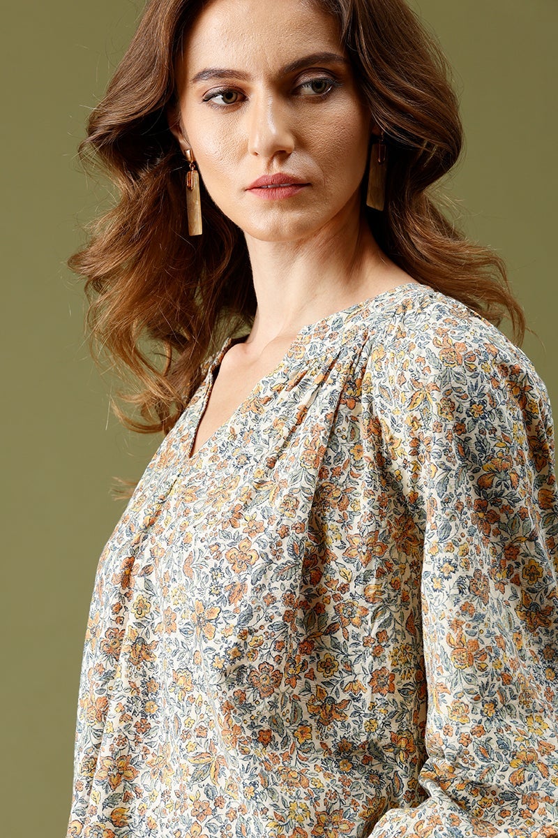 Beige Medium Length V-Neck 3/4th Sleeves Floral Print Tunic