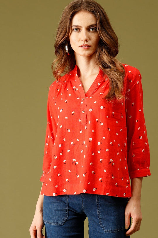 Red Medium Length Mandarin Collar 3/4th Sleeves Printed Cotton Tunic