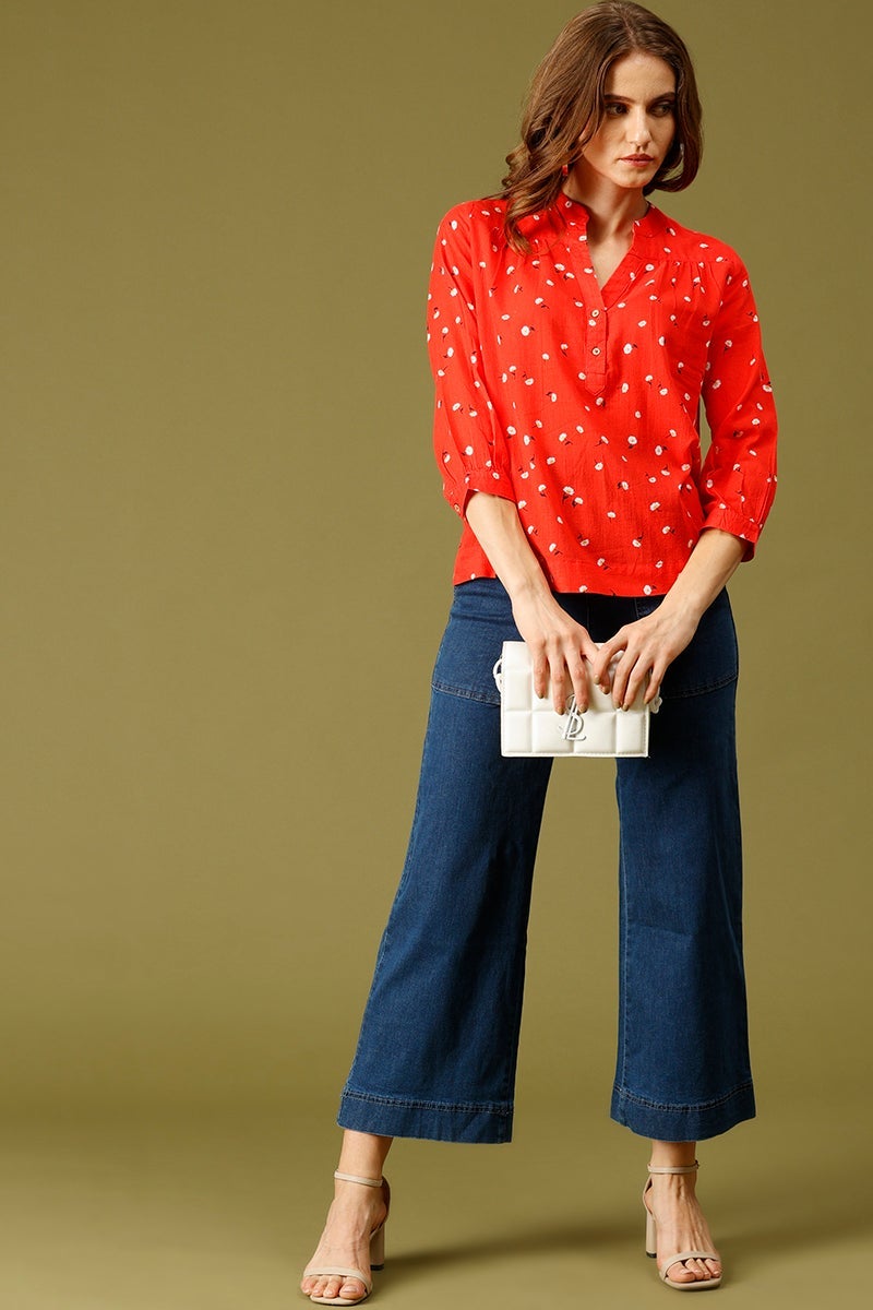Red Medium Length Mandarin Collar 3/4th Sleeves Printed Cotton Tunic