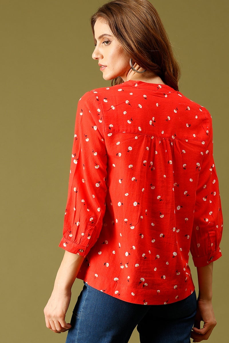 Red Medium Length Mandarin Collar 3/4th Sleeves Printed Cotton Tunic