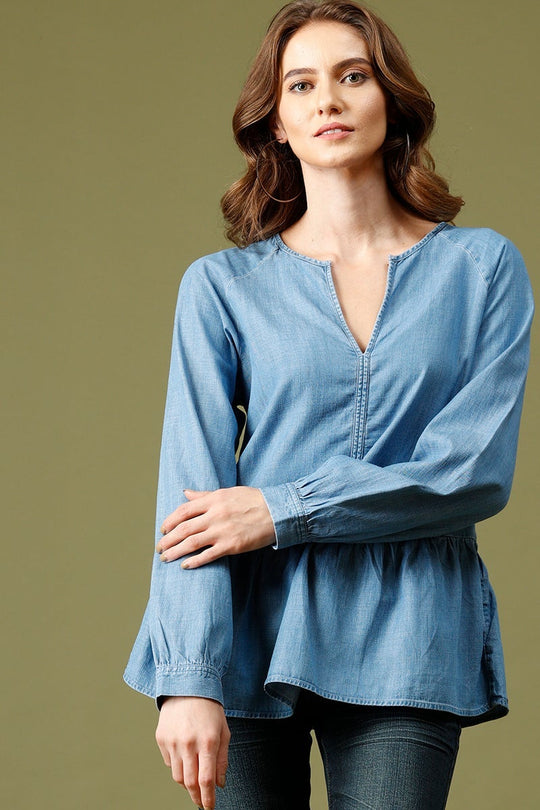 Denim Medium Length V-Neck Long Sleeves Denim Tunic