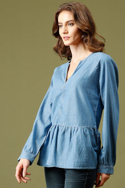 Denim Medium Length V-Neck Long Sleeves Denim Tunic