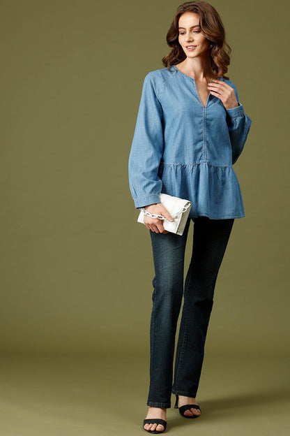Denim Medium Length V-Neck Long Sleeves Denim Tunic
