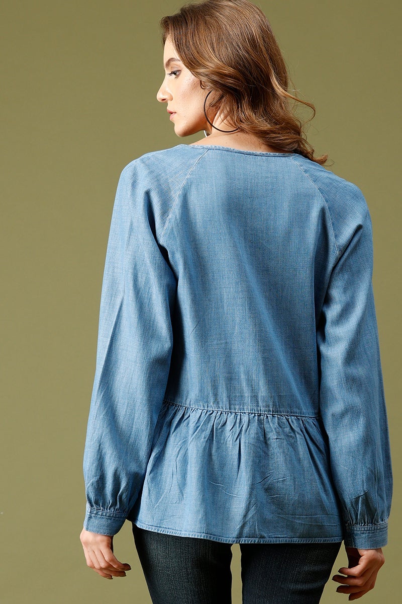 Denim Medium Length V-Neck Long Sleeves Denim Tunic
