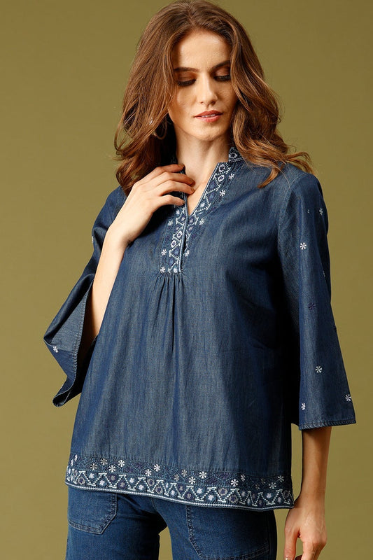 Navy Blue Medium Length Mandarin Collar 3/4th Sleeves Embellished Denim Tunic