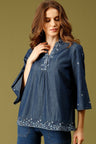 Navy Blue Medium Length Mandarin Collar 3/4th Sleeves Embellished Denim Tunic