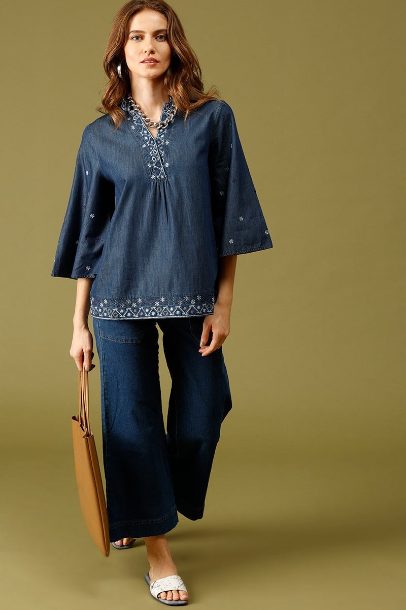 Navy Blue Medium Length Mandarin Collar 3/4th Sleeves Embellished Denim Tunic