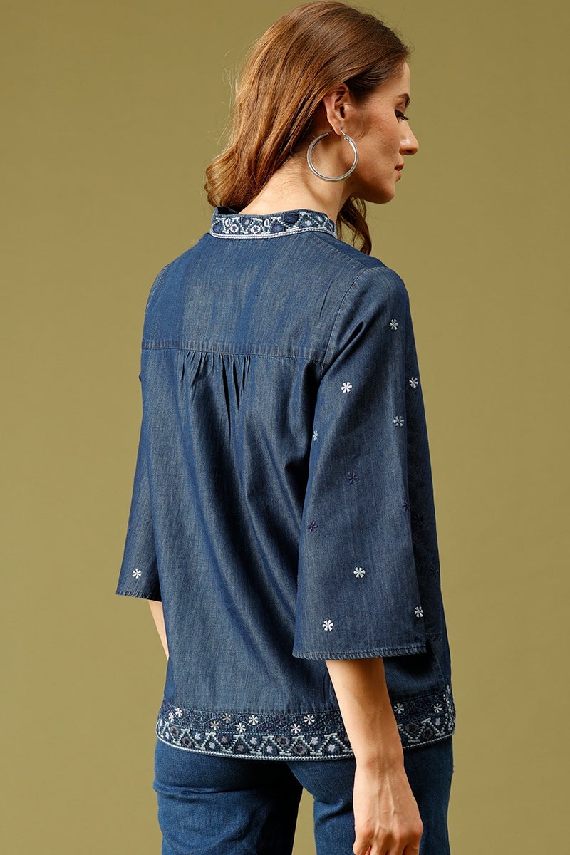 Navy Blue Medium Length Mandarin Collar 3/4th Sleeves Embellished Denim Tunic