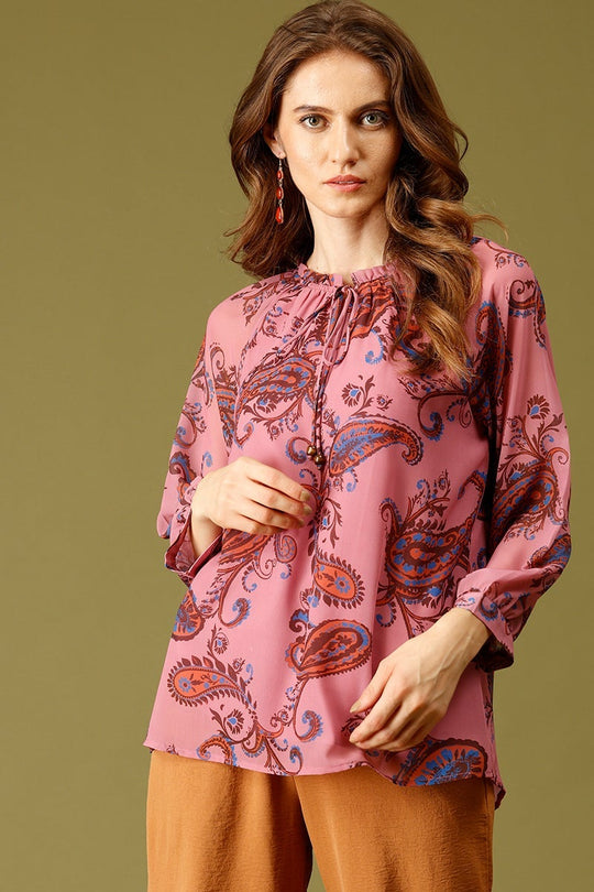 Pink Medium Length Tie-Up Neck 3/4th Sleeves Printed Georgette Tunic