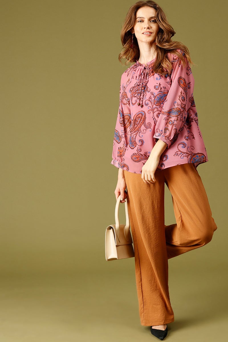 Pink Medium Length Tie-Up Neck 3/4th Sleeves Printed Georgette Tunic