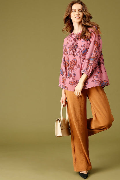 Pink Medium Length Tie-Up Neck 3/4th Sleeves Printed Georgette Tunic