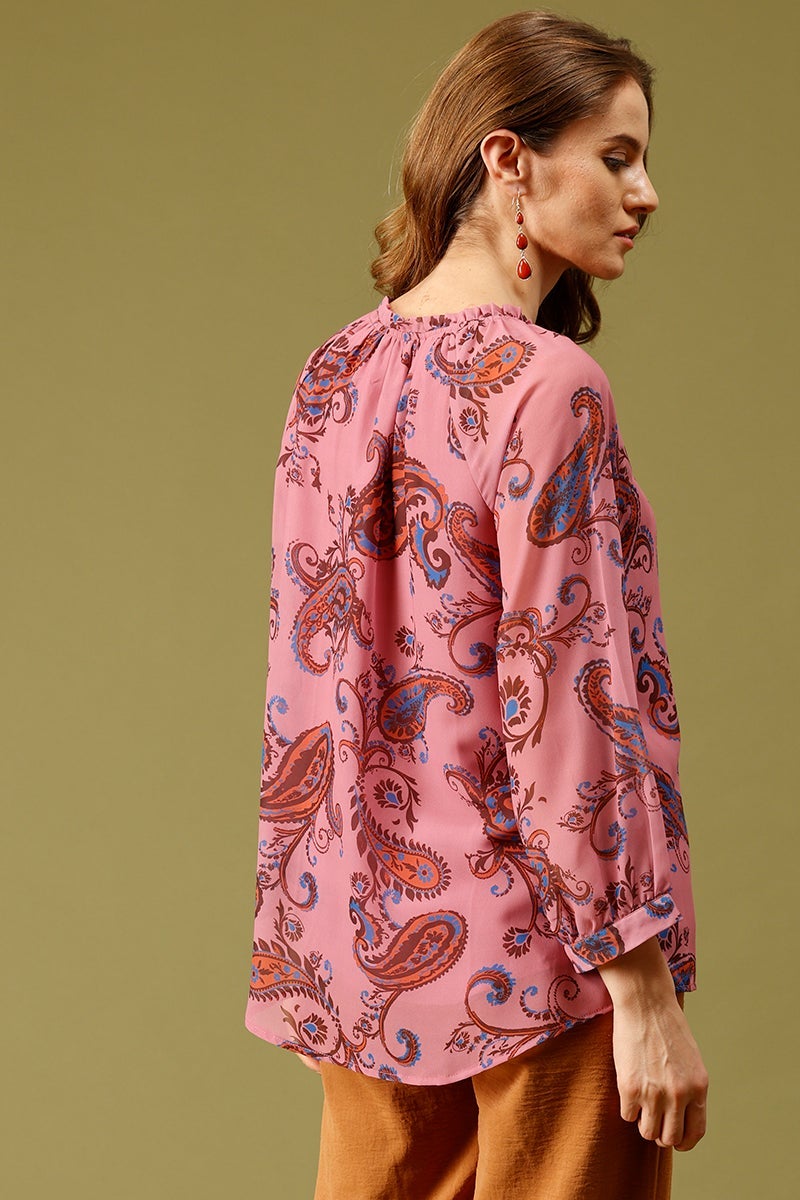Pink Medium Length Tie-Up Neck 3/4th Sleeves Printed Georgette Tunic