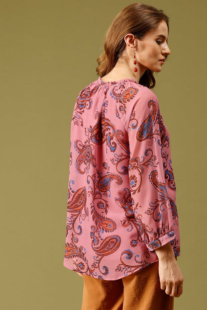Pink Medium Length Tie-Up Neck 3/4th Sleeves Printed Georgette Tunic